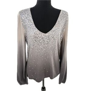 Talbots Collection Gray Ombre V-Neck Silver Sequin Silk/Cashmere Sweater Size L